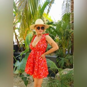 NWT Floral Feeling Flirty Bow Strap Short Mini Dress Grenadine Red & Pink Small